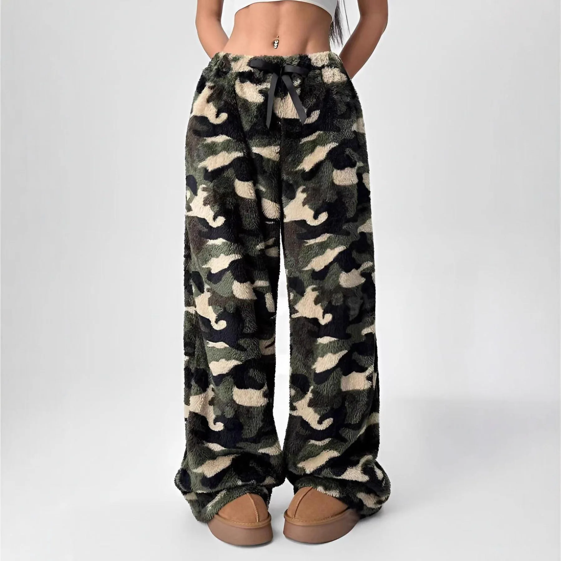 American Retro Camouflage Double-sided Plush Warm Casual Pants Women Winter Street Loose Thickened Harajuku Casual Sports Pants