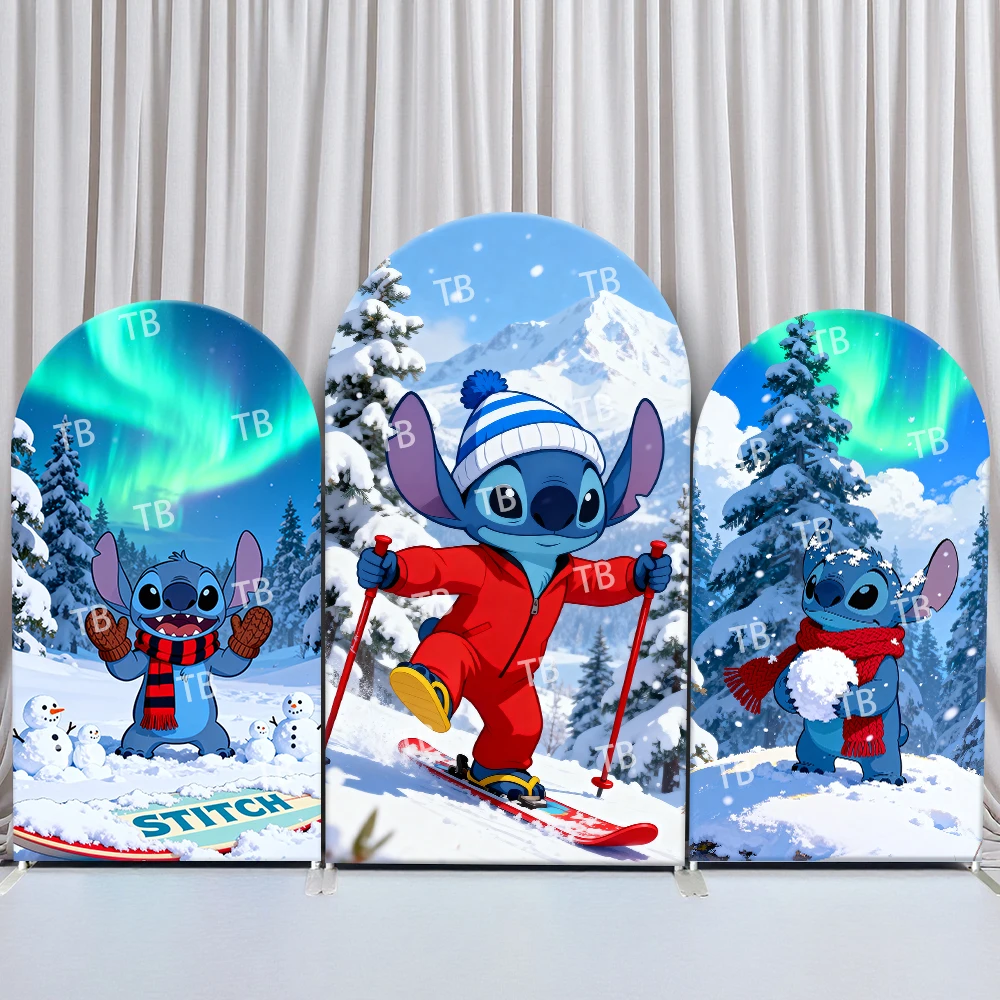 

Disney Stitch Arch Backdrop Cover Aurora Snowman Skiing Winter Scene for Birthday & Baby Shower Party Photo Booth Decor Props