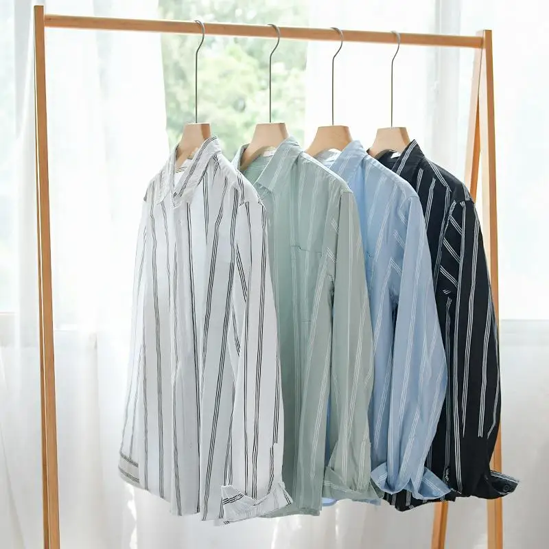 

Youth Men's Striped Long Swedi irt Loose Fit Cotton ket Detail Casual irt Japanese Sle Collar Open Cardigan