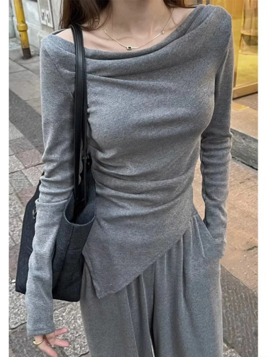 

Slim Fit One oulder T-irt Women's Asymmetrical Top Loose Straight Leg Pants Set Cotton Material Spring Faion