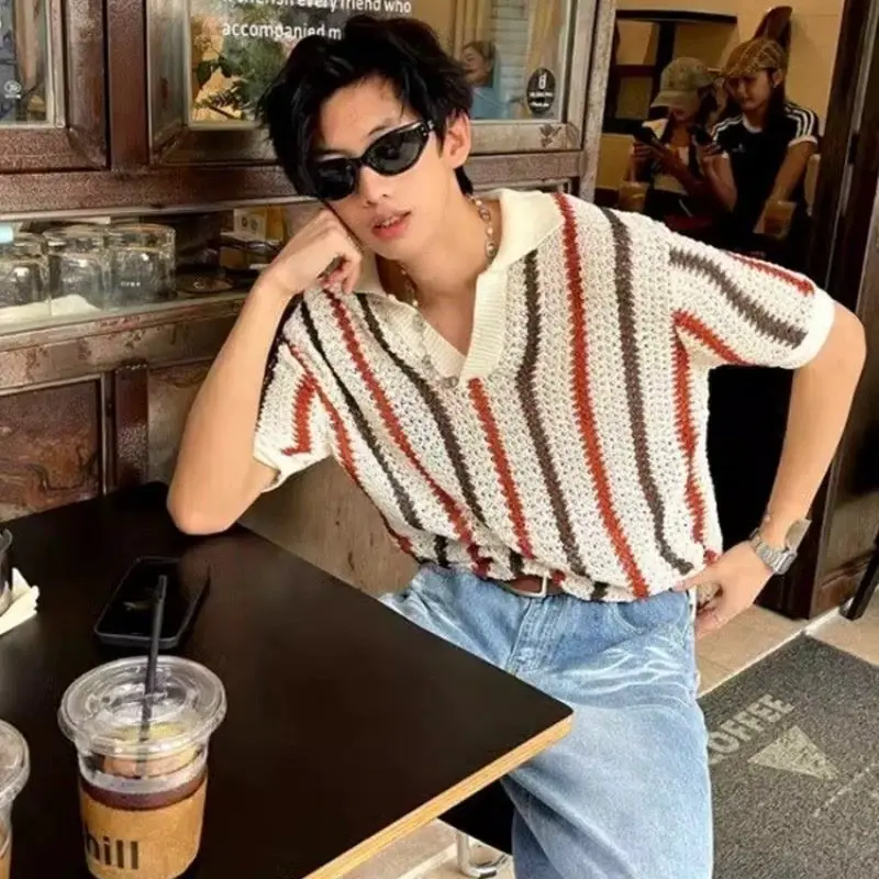 Summer Cut-out Knit Men's Fashion Striped Contrast Woolen Casual Short-sleeved Polo Shirt