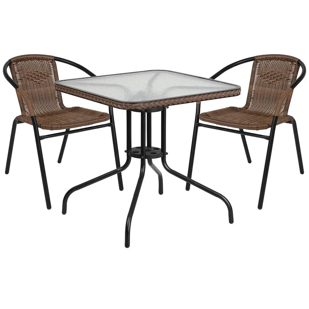 

Lila 3Piece 28 Square Indoor Outdoor Patio Table and Chairs Set, Glass Metal Bistro Table and 2 Stacking Rattan Chairs, Brown