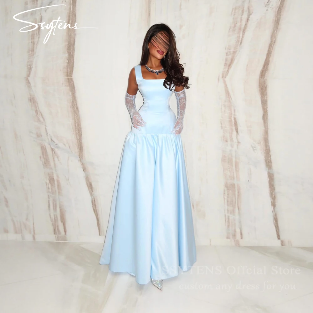 

SSYTENS Elegant Sky Blue Prom Gowns Square Neck Pleated Party Gown Bow Floor Length Evening Dress vestidos de festa Customized