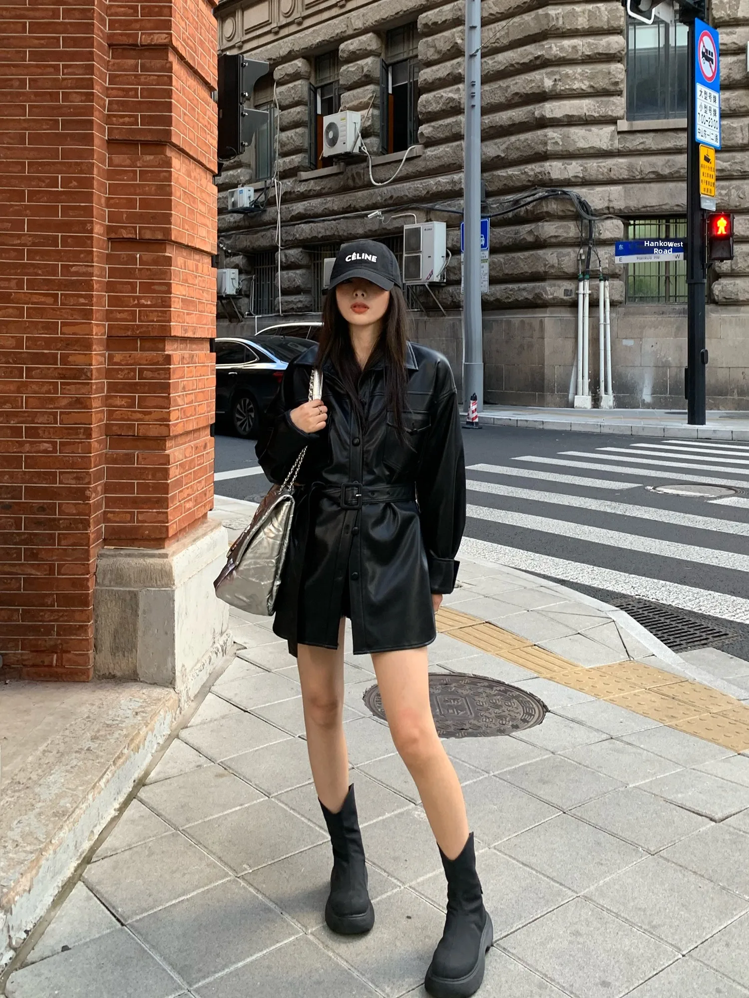 ChenMiFan Women's Long Sve PU Leather Jaet Biker Sle Personali Loose Fit Waist Cinched Outerwear Faionable Coat