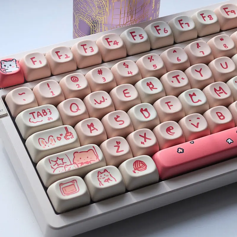 135 Keys Pink Cat Custom MOA Profile Kawaii Keycaps Dye Sublimation PBT Keycaps for Cherry MX Switches Mechanical Gamer Keyboard