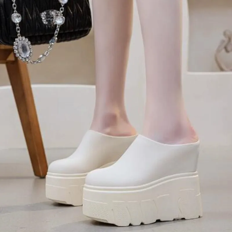 2026 14CM Ladies Spring Summer Shoes Slip on Genuine Leather Black Women Wedge Slippers Platform Wedge Sandals Slides For Women
