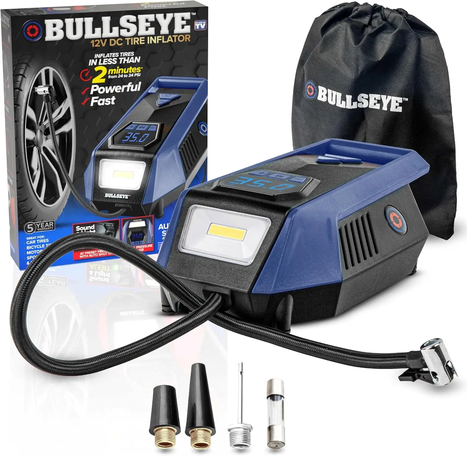 

Светодиодный насос для накачивания шин Bullseye, 12 В, с быстрым автоматическим отключением, хранилищем шнура для автомобилей и грузовиков, до 150 фунтов на квадратный дюйм, автомойка и обслуживание