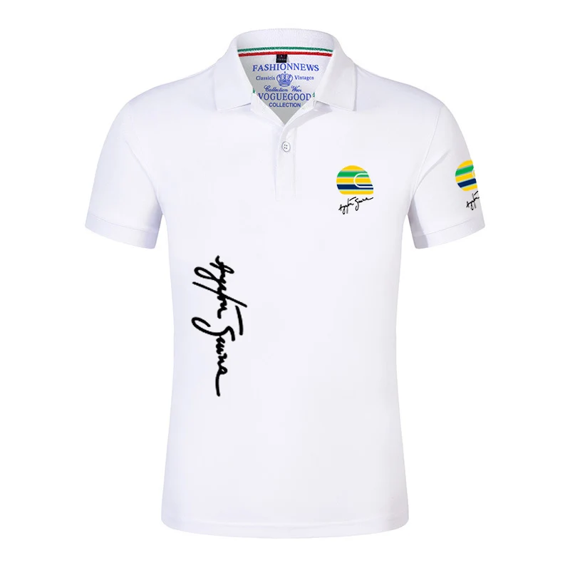 2023 New Ayrton Senna Brand Men Summer Casual Short Sleeve Fashion Print Tops Clothing Business Black Polo Shirts