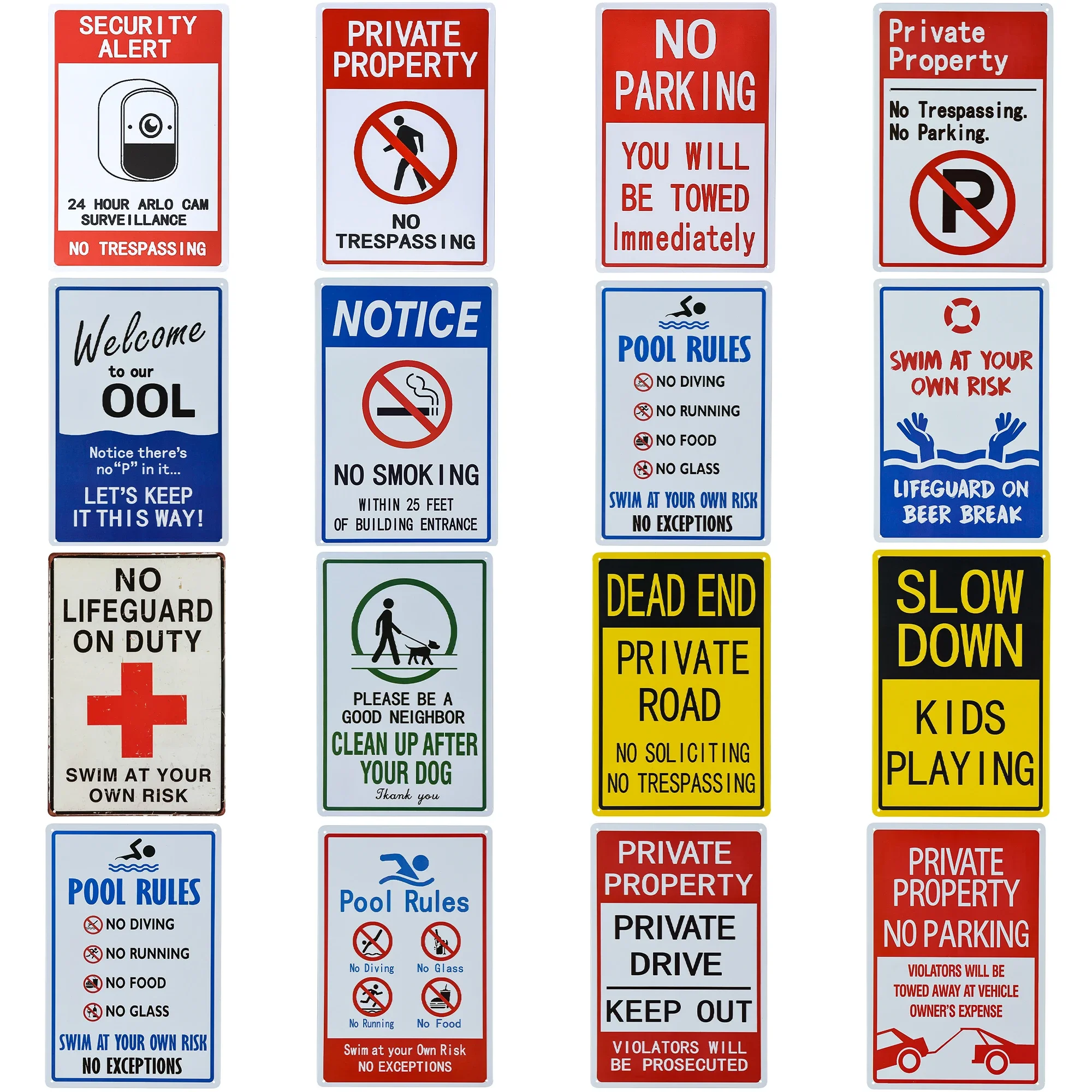 Warning Metal Tin Sign No Parking sign Private Property No Trespassing poster  24-Hour Monitoring No parking Swimming Warning