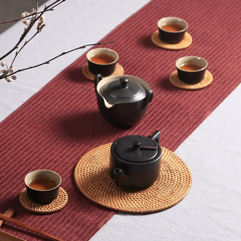 6Pcs/ Drink Coasters Set For Kungfu Tea Accessories Round Tableware Placemat Dish Mat Rattan Weave Cup Mat Pad Diameter 8Cm