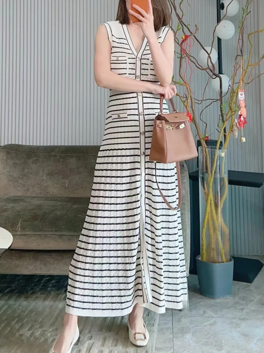 

Fashion Brand Women Elegant Striped Knit Long Dress Chic Sleeveless V-neck Single-Breasted Robes Summer Female Knitting Dresses