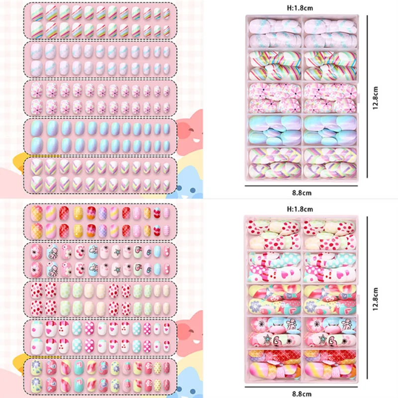 

120 шт., детские носимые накладные ногти, накладные ногти для девочек, полное покрытие, украшенные накладными ногтями, маникюрные кончики ногтей, детские патчи для ногтей