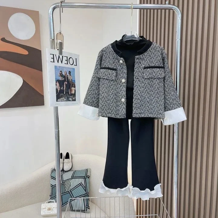 2026 New Kids Spring Autumn Winter Set Trendy Small Fragrant Style Coat and Flared Pants Three Piece Set