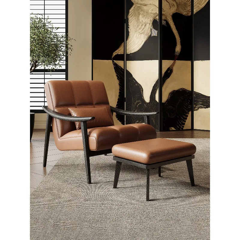 Italian leather single sofa chair, home retro office B & B solid wood leisure