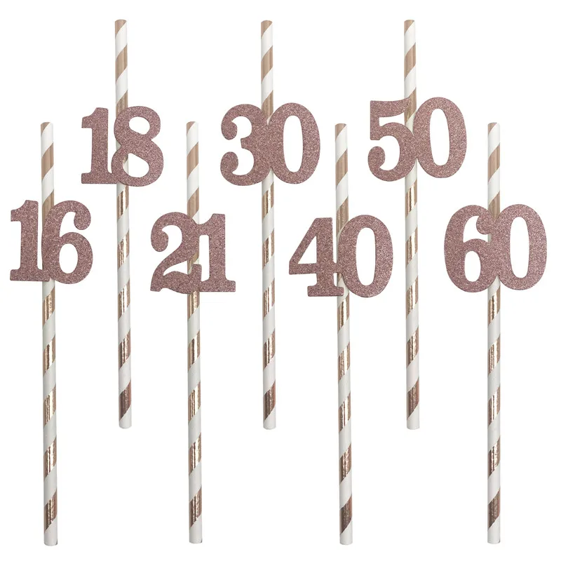 10Pcs Rosegold 18 21 30 40 50 60 Year Old Straws Adult Happy Birthday Party Decoration Women Men 30th 40th Anniversary Supplies