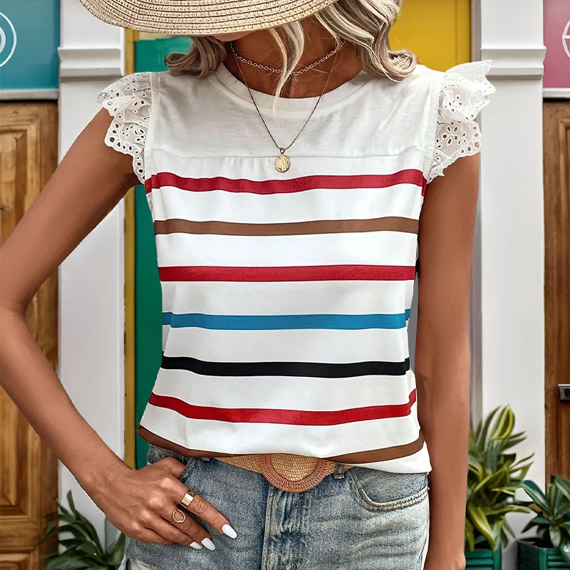 

2025 New European and American Summer Women's Temperament Joker Stitching Top Fashion Casual Striped T-shirt Ladies