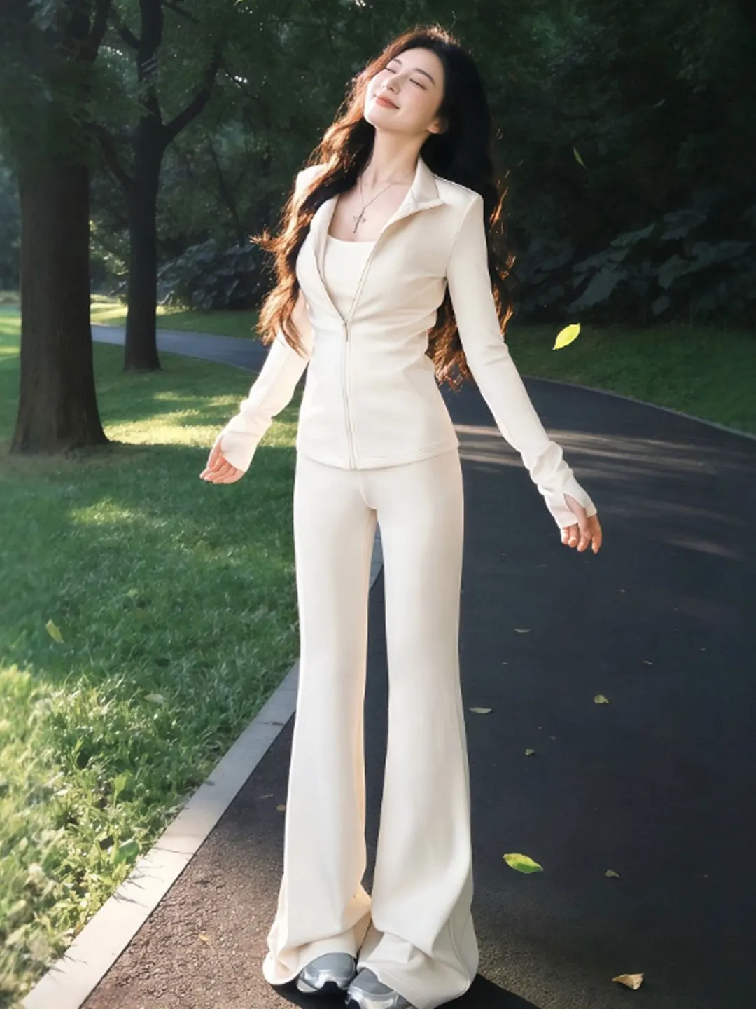 

Повседневный комплект: элегантный жакет с воротником-стойкой и расклешенные брюки. Модный корейский стиль, комфортный и теплый. Весна 2026.