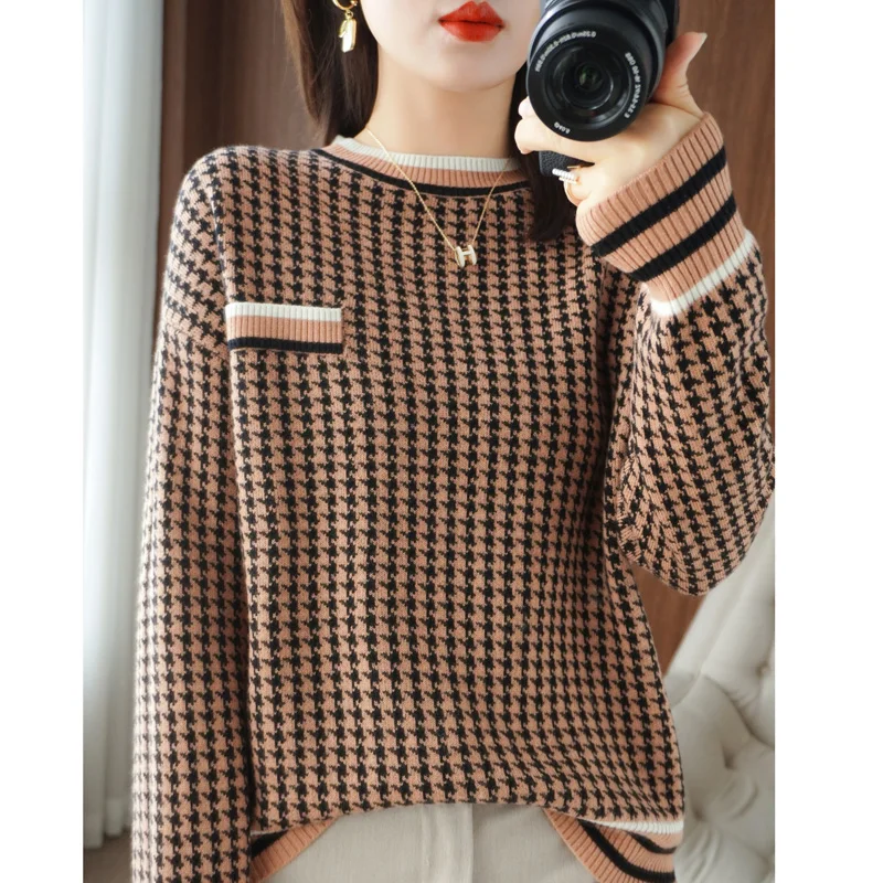 2022 Autumn Winter Golden Camel Thousand bird pattern Cashmere Sweater  Women\'s Casual Long-sleeved Loose Cashmere Sweater women