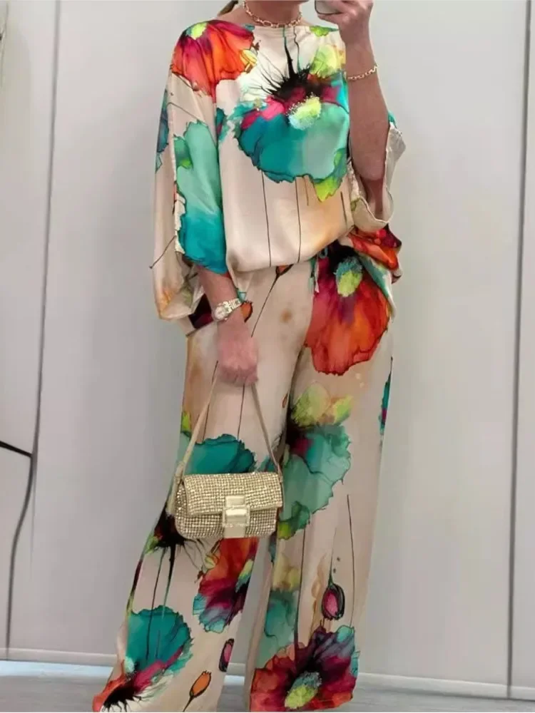 

BWQ Летний модный атласный комплект из двух предметов с принтом Женский сексуальный топ с круглым вырезом и рукавами 3/4 + широкие длинные брюки Повседневный комплект из двух предметов