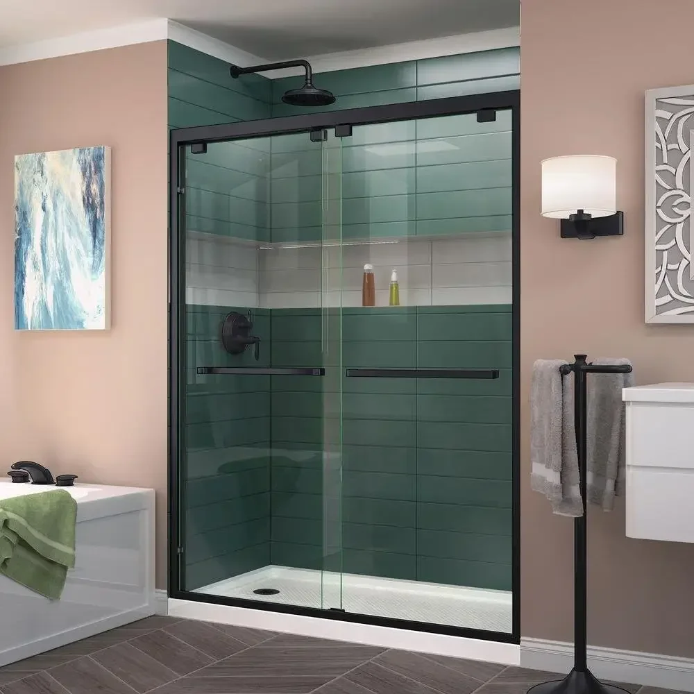 Encore 50-54 in. W x 76 in. H Semi-Frameless Bypass Shower Door in Satin Black, SHDR-1654760-09