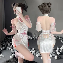 White Lace See Through High Split Cheongsam Women Sexy Lingerie Backless Mini Dress with Panties and Gloves Set Porn Costumes