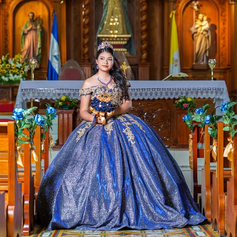 

Shiny dark blue Quinceanera Dress off-shoulder flower Decal Long tail Vestidos De 15 Quinceanera ﻿Customize