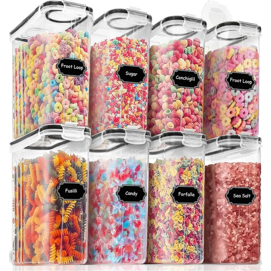 8PCS 4L Airtight Food Storage Containers Set with Lids for Kitchen Pantry Organizers Cereal Dispensers in White with 20 Labels