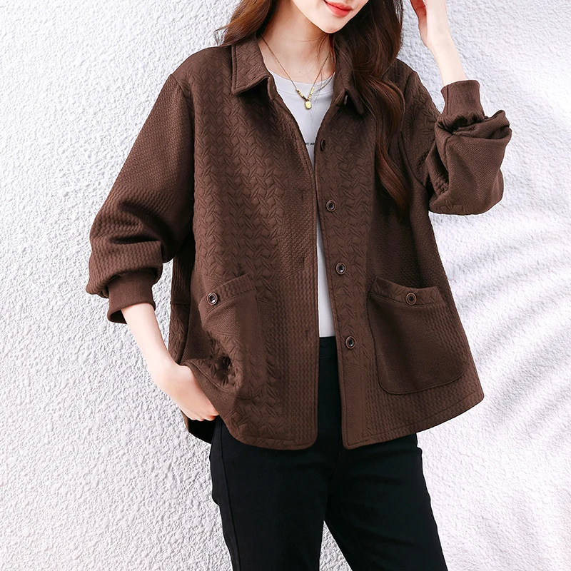 플러스 사이즈 여성용 면 자켓 단색 플립 칼라 자수 탑 다용도 패셔너블 봄 가을 착용