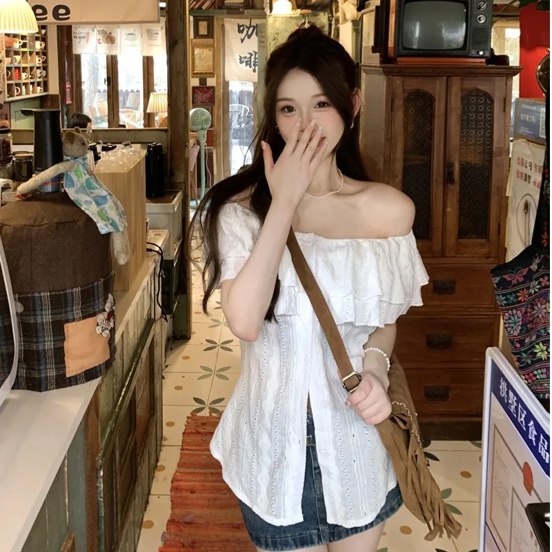 

French Ruffles Blusas Shirt for Women Oversized Blouses Ladies Beautiful Collarbone Off-Shoulder Tops 2025 New All Match Blusas