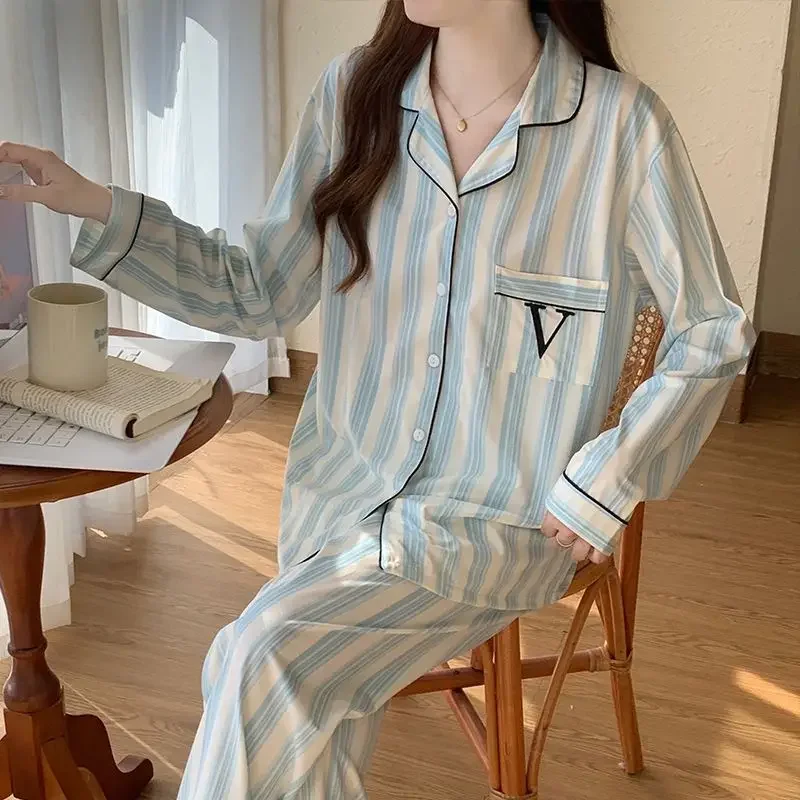Pijamas Women Long-sleeved Pajamas Women's Autumn Winter Sleepwear New Simple Striped Loose Large-size Cardigan Loungewear Set