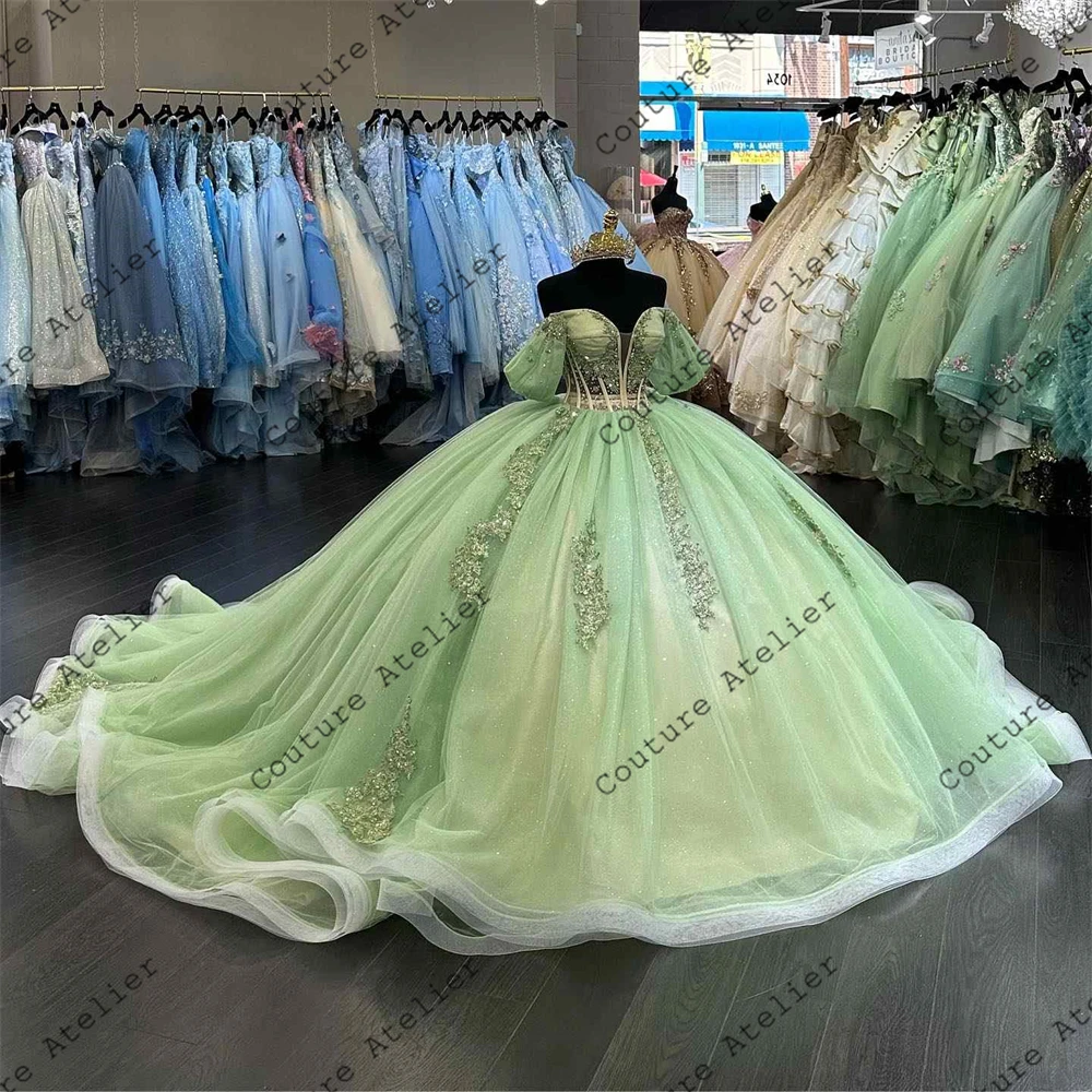 Sage Green Puff Off The Shulder manik-manik renda applique gaun Quinceanera untuk manis 15 tahun gaun pesta gembung putri disesuaikan
