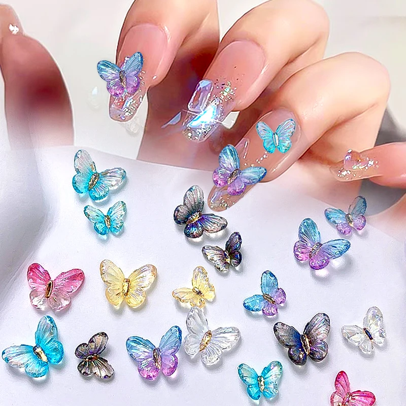 30Pcs Colorful Aurora Butterfly Nails Decoration Jelly Resin Butterfly Decals Nail Charms Manicure Butterfly Parts