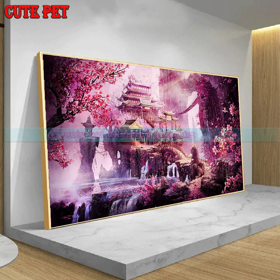 edificio fantasy Pittura diamante 5D fai da te paesaggio naturale Diamant mosaico strass Fiore albero fiume montagne ricamo grande