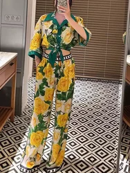 Retro summer new yellow rose print lapel short sleeve short shirt high waist wide leg casual trousers fashion two-piece suit.