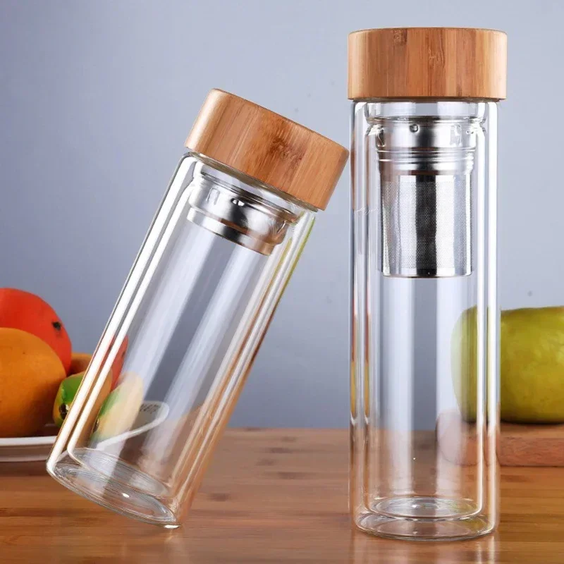 300/400/500ML Stainless Steel Double Wall Glass Water Bottle Filters Bamboo Lid Travel Home Tea Infuser Office Thicken Tea Cup