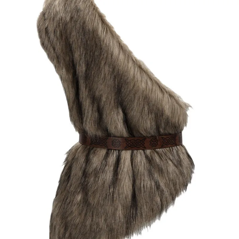 Medieval Faux Fur Vest Brown Fuzzy Waistcoat LARP Eskimo Costume with Belt Single-sleeve Waistcoat Design for Halloween view 4