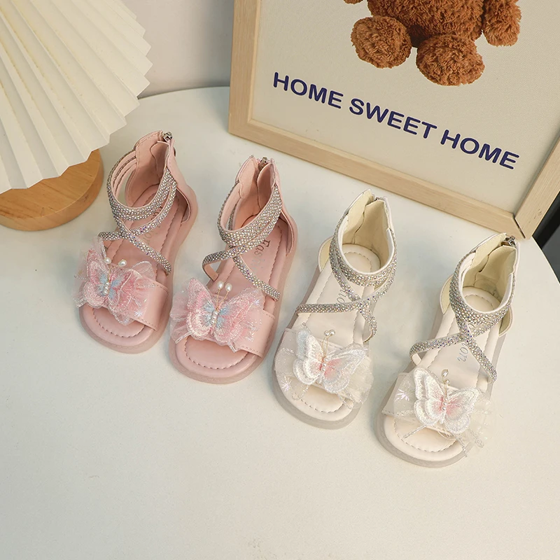 Summer Fashion Kids Round Toe Beautiful Butterfly Princess Crystal Children's Student Girls Casual Comfortable Flat Sandals