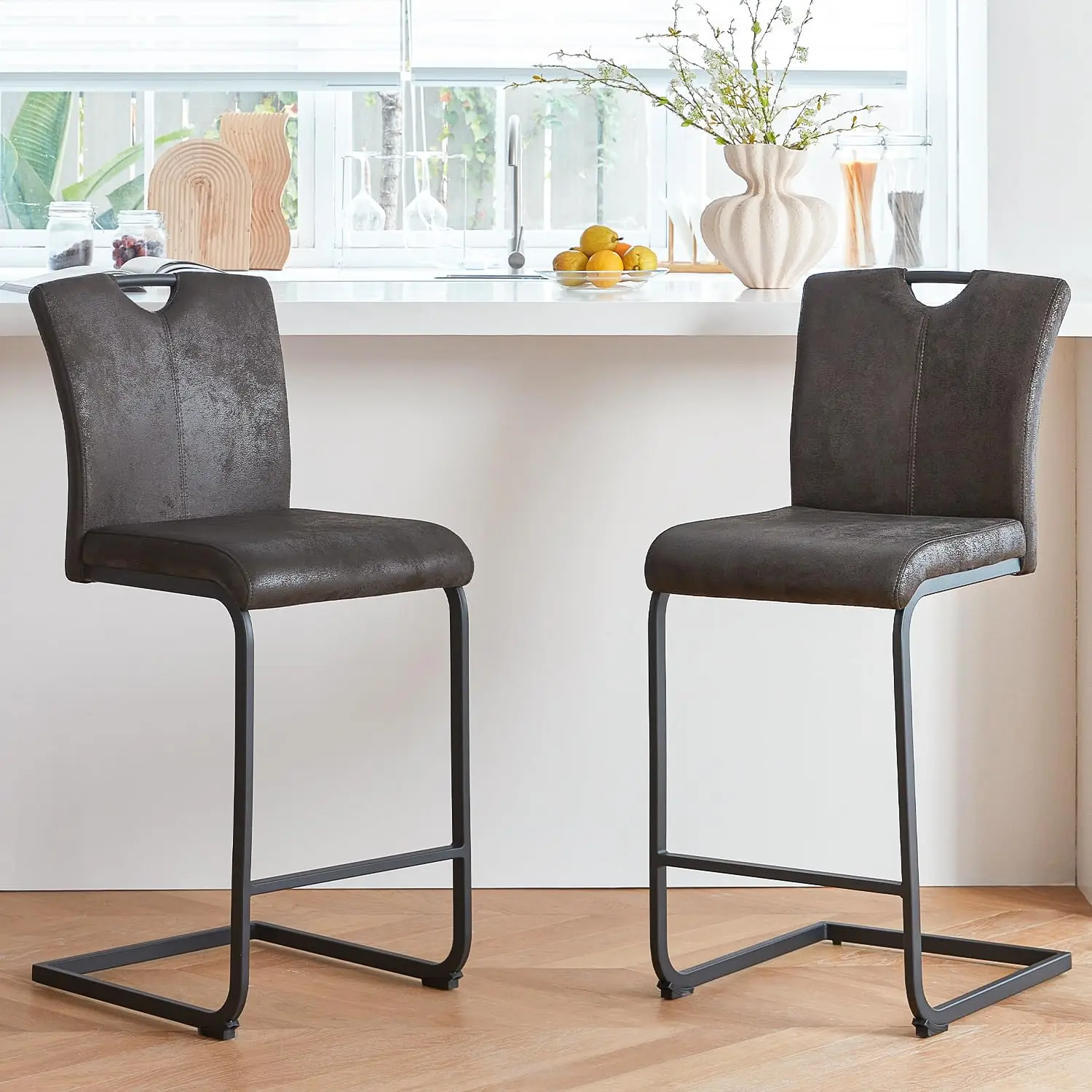 

Mid Century Modern 24 Inch Black Bar Stools Set of 2 with Back,Upholstered Counter Height Bar Stools,Vintage Fabric, Customized