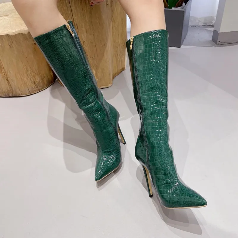 Fashion Snake pattern Patent Leather Women Knee-High Boots Autumn Winter Concise Stiletto High heels Long Boots Shoes Botas