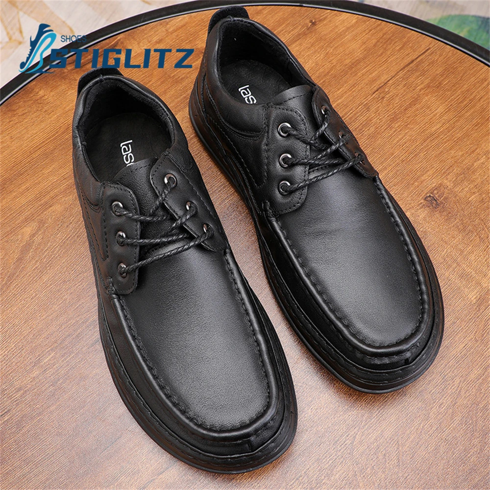 Black Cowhide Round Toe Oxfords Round Toe Slip On Loafers Lace Up Oxford Shoes Men High Quality Casual Shoes Leather Flat Shoes