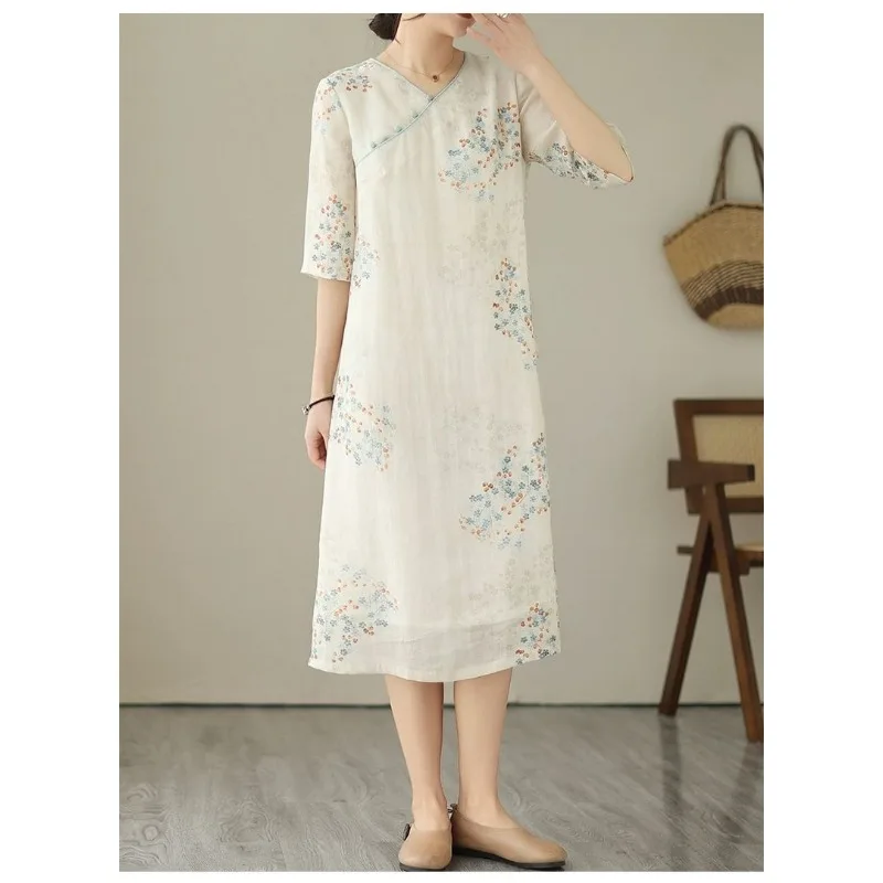 

Women's Chinese Style Linen Dress V-Neck Floral Print Half Sleeve Casual Loose Midi Dress
