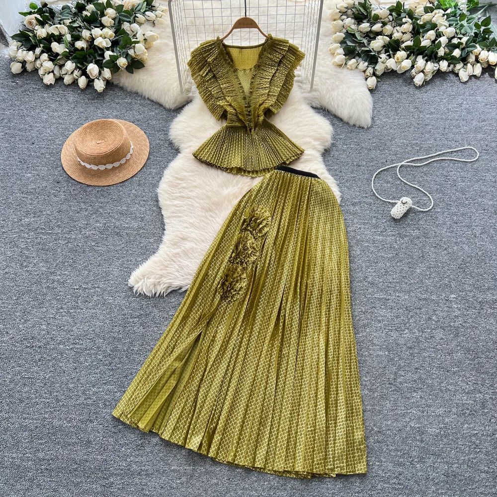 

Skirt Set Women Two Piece Sets Sleeveless V Neck Ruffles Tops Long Skirts High Waist Y2k Streetwear Elegant Splice Work 2025