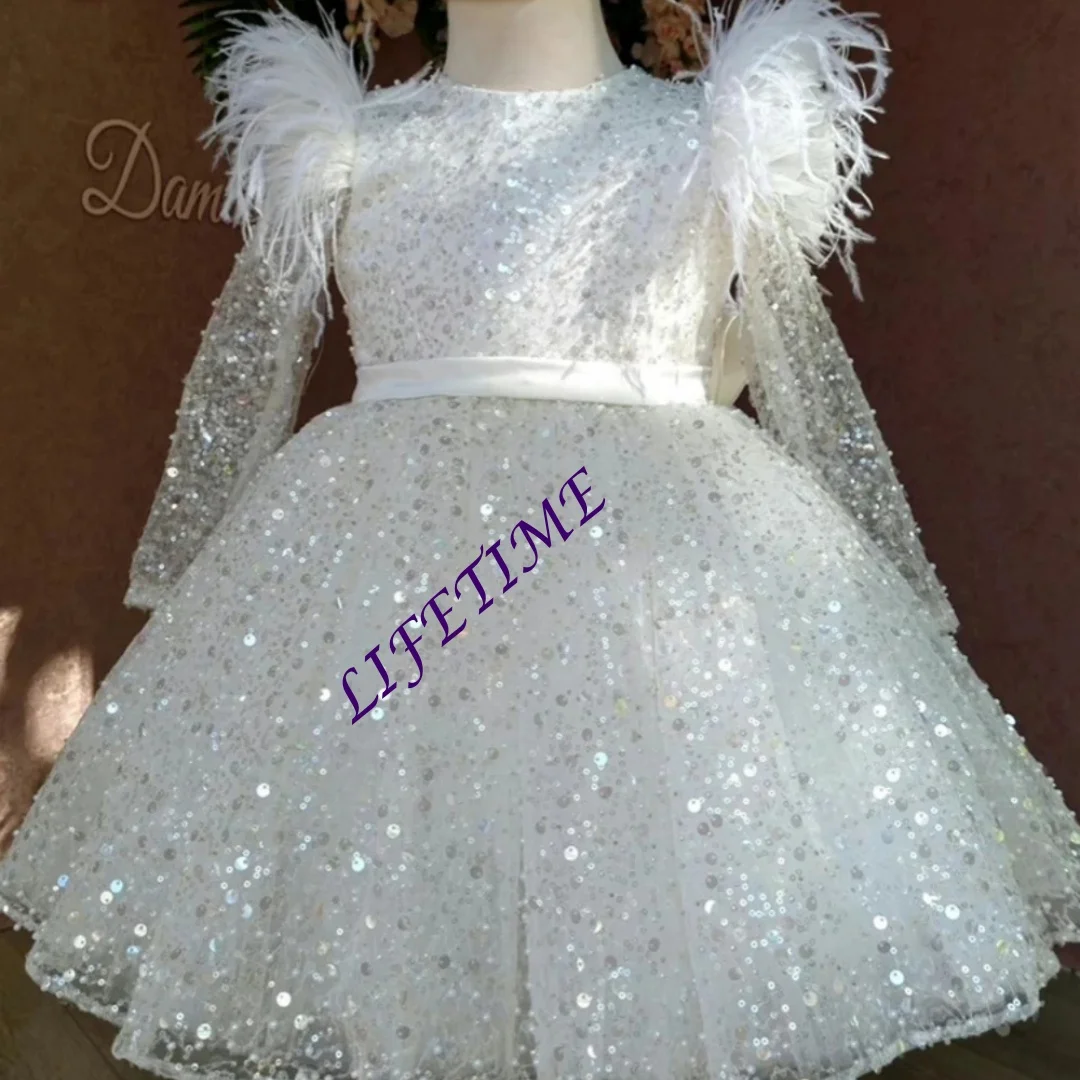 Shiny Sequins And Feathers White Princess Gown for Girls Customized for Wedding Birthday Party Stage Performance Graceful Luxury