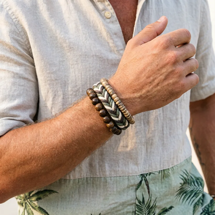 Bohemian Retro 3Pcs/Set Men Bracelet Braided Adjustable Ethnic String Wooden Beads Healing Braslet Holiday Casual Homme Jewelry