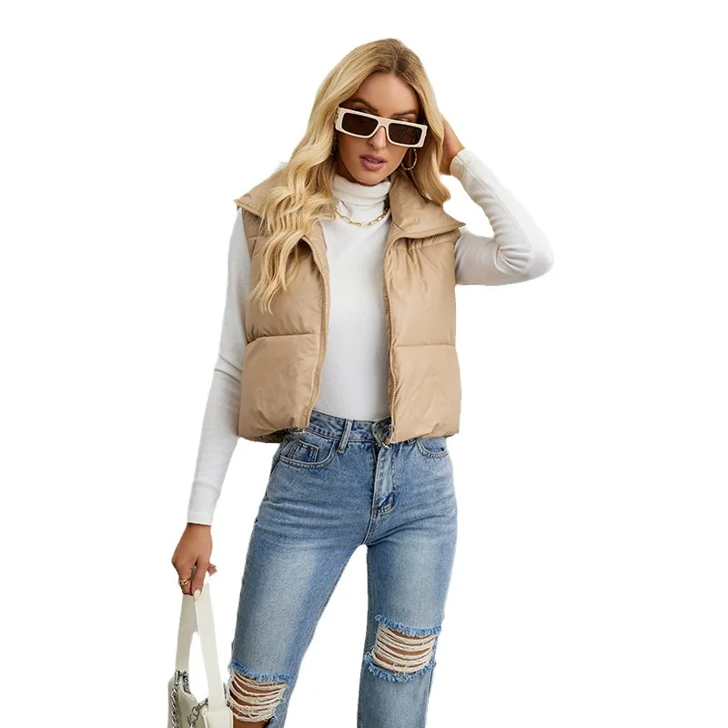 2023 autumn and winter new European and American style fashion short solid color down cotton vest slim high collar loose vest