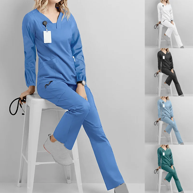 Scrubs uniformi mediche donna 2023 manica lunga con scollo a v Pocket Care Workers t-shirt top autunno uniformi De Enfermera Mujer