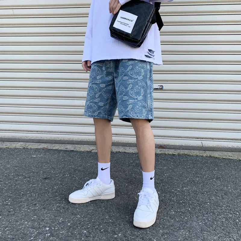 Casual Loose Men's Denim Shorts Youth Trendy Summer Thin Five-Point Print Casual Straight Leg Jeans Mid-Waist Zipper Fly