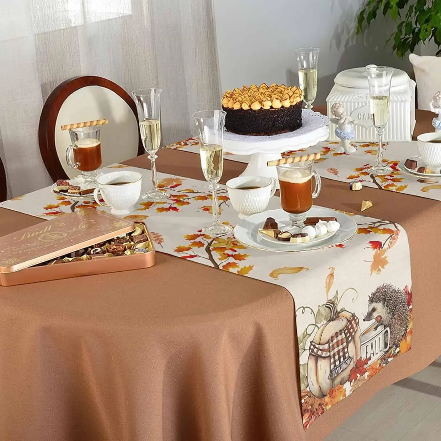 Fall Pumpkins Hedgehog Linen Table Runner party Decorations Autumn Maple Leaves Kitchen Table Runners Thanksgiving Decorations