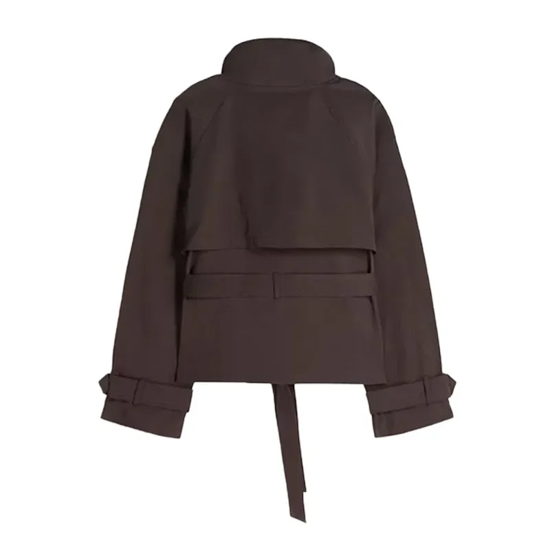 Einfarbiger Damen-Trenchcoat mit Schnürung, Stehkragen, Doppelreihig, Modisch 2026 Frühling Herbst, Elegante Lässige Damenjacke – Detail 6
