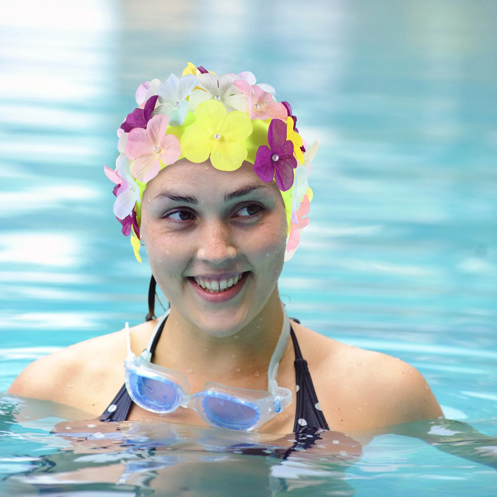 2 قطعة قبعة السباحة زهرة النساء ثلاثية الأبعاد بتلات الأزهار أنيق أناقة دافئ صالح قبعات المياه للسباحة حماية الشعر الطويل